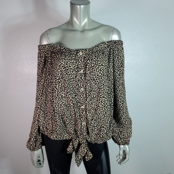 Rue 21 Top‎ Plus Size 4X Leopard Off Shoulder Tie Front Cropped Button-Up NWT - Picture 2 of 6